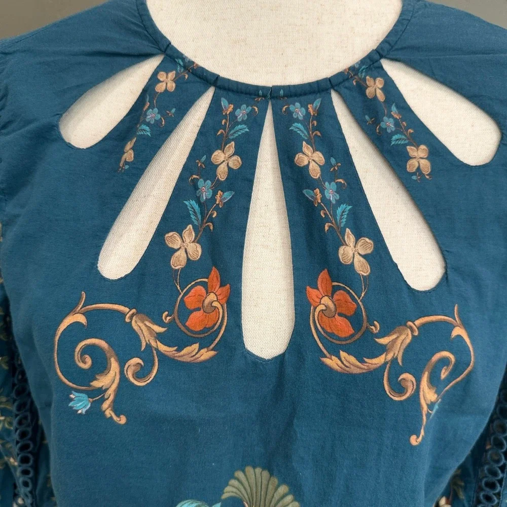 Farm Rio Cutout Blouse M Teal Blue Cutout Boho Peasant Anthropologie Romantic